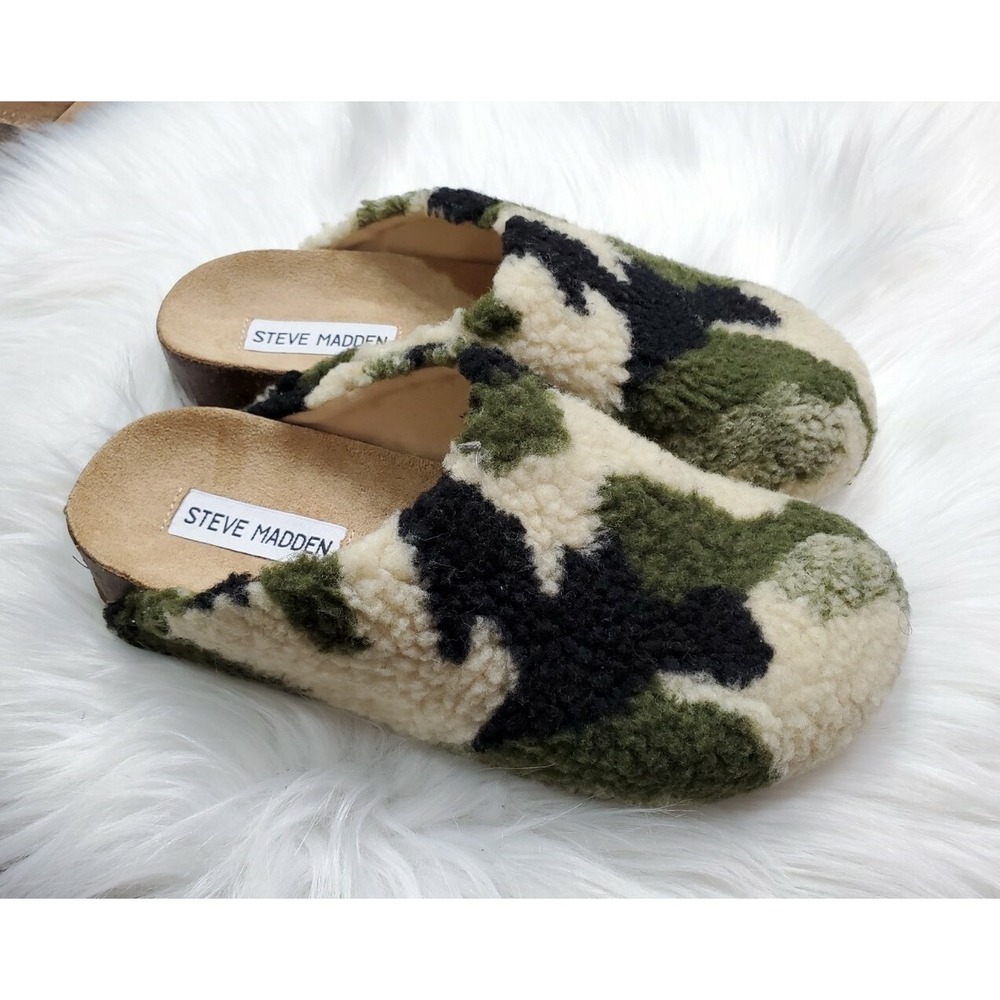 Steve Madden Vesa Camouflage Slip On Clogs Women's Size 6 Natural Green Sherling
